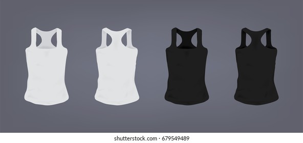 Set of realistic white and black unisex sports slim-fit t-shirt. Front and back view. Realistic vector illustration collection on gray background.