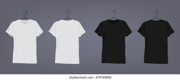 Set of realistic white and black unisex classic t-shirt with v-neck on coat hanger. Front and back view. Vector illustration collection on gray background.