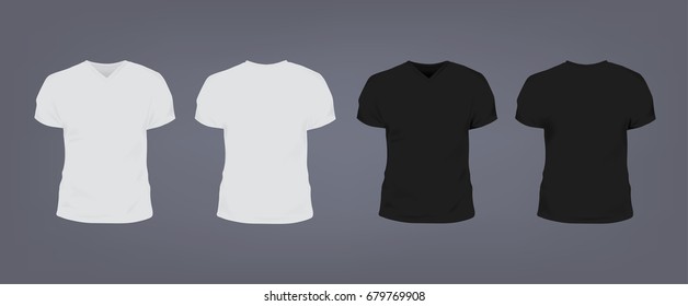 Set of realistic white and black unisex slim-fit t-shirt with v-neck. Front and back view. Vector illustration collection on gray background.