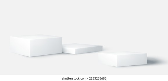 Set of realistic white blank product podium scene isolated on white background. Abstract mock up scene. Geometric shape podium with copy space for products branding. 3d vector illustration background