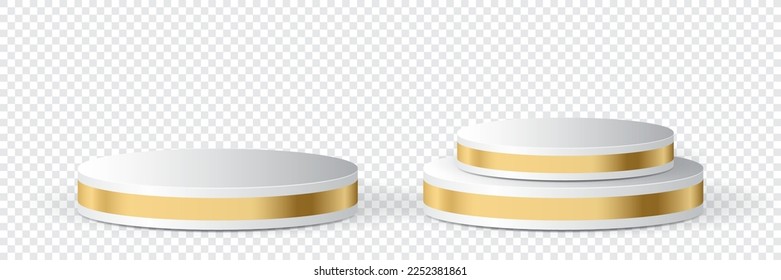 Set of realistic white blank product podium scene. Pedestal with golden line. Podium for advertising. Stand for cosmetic products. Vector illustration