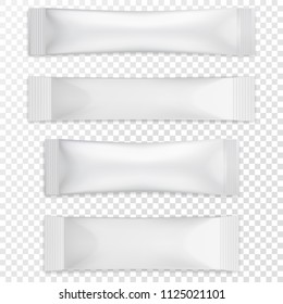 Set of realistic white blank template packaging sugar stick. Food packing coffee, salt, sugar, pepper, spices. Template for mock up your design. Vector eps10.