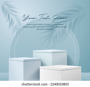 Conjunto de podio cuadrado cubo 3D blanco y azul realista en una habitación abstracta limpia. Escenario minimalista de lujo para exposición de escenario de productos de maquillaje, pantalla promocional. Diseño de formas geométricas vectoriales.