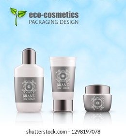 Set of realistic white bottle, tube, silver cap for eco-cosmetic with line logo. Empty package for skincare cosmetic - face cream jar, emulsion, lotion. Blank template, vector mockup for ads, magazine