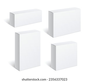 Set of Realistic white boxes. Cardboard package isolated on white background. For software, electronic devices and other products. Vector illustration.