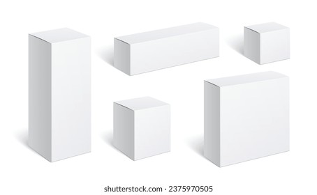 Set of Realistic white boxes. Cardboard package isolated on white background. For software, electronic devices and other products. Vector illustration.