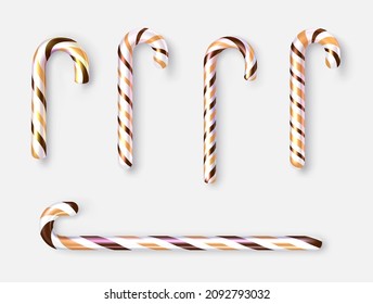 Set of realistic white, brown and orange candy canes. Light grey background. Vector holiday illustration.