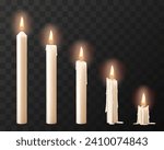 Set of realistic white burning candles isolated on transparent background. Realistic burning candles for animation. 3d vector illustration.