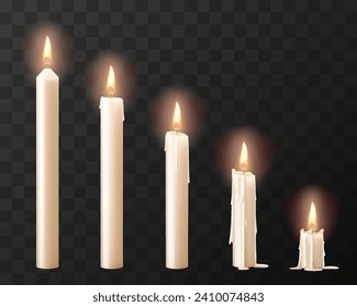 Set of realistic white burning candles isolated on transparent background. Realistic burning candles for animation. 3d vector illustration.