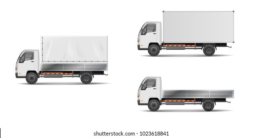 Set of realistic white cargo vehicles. vector illustration with heavy truck, trailer, lorry, delivery van isolated. Side view mockup.