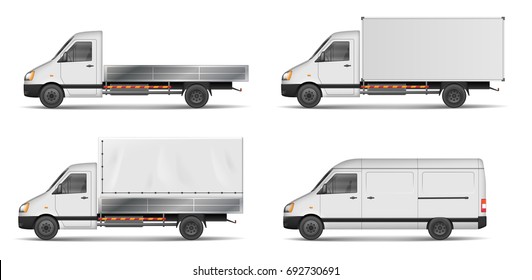 Set of realistic white cargo vehicles. vector illustration with heavy truck, trailer, lorry, Mini bus, delivery van isolated. Side view mockup.