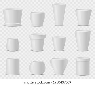 Set of realistic white ceramic flower pots isolated on white background. Design template for branding, mockup. Pots of different shapes. 3D image. Vector illustration, eps 10.