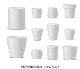 Set of realistic white ceramic flower pots isolated on white background. Design template for branding, mockup. Pots of different shapes. 3D image. Vector illustration, eps 10.