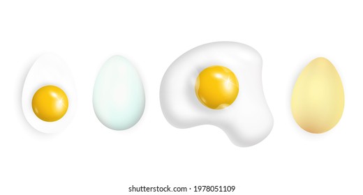 Set of realistic white chicken eggs, halves, gold, broken. Vector illustration isolated on white background.