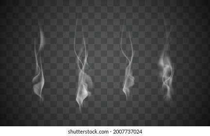 Set of realistic white cigarette smoke waves on transparent background. Vector illustration