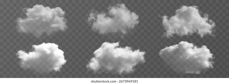 Satz von realistischen weißen Wolken png. Weiße Wolke, Rauch oder Nebel auf transparentem Hintergrund. Element der Natur png.
