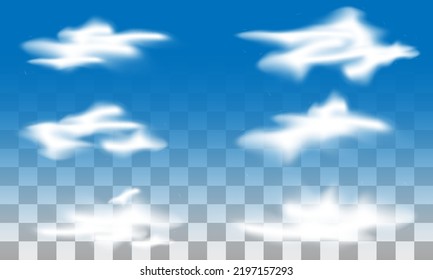 set of realistic white clouds, with various shapes and transparent blue background