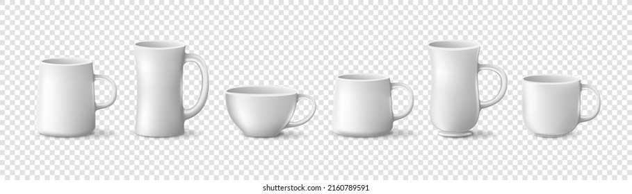 Set of realistic white coffee cups isolated on transparent background. Mock Up Templates. Matte surface. Vector illustration
