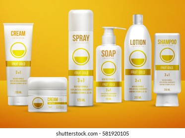 Set of realistic white cosmetic bottle, container and tube. Mockup for branding product cream, soap, shampoo, lotion, spray. Advertising design template. Vector illustration on yellow background.