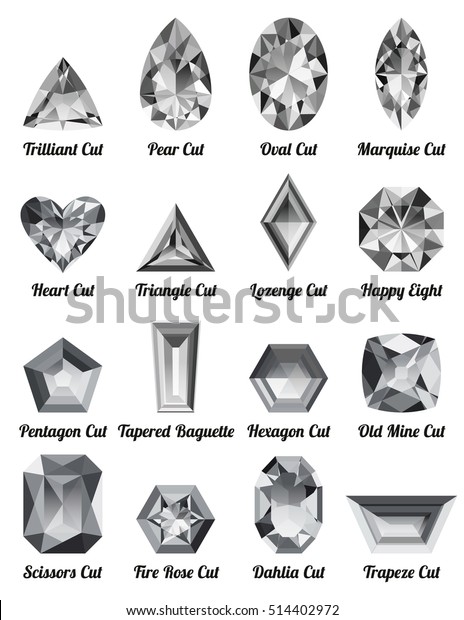 Set of realistic white diamonds with complex cuts\
cuts isolated on white background. Jewel and jewelry. Colorful gems\
and gemstones. Trilliant, pear, oval, marquise, heart, triangle,\
lozenge