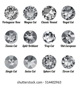 白い背景にリアルな白いダイヤモンドと丸い切り取り線のセット 宝石と宝石 カラフルな宝石と宝石 マグナ クラシックラウンド 王室 ジンニア トラップ シングル スイス 球 ジルコン のベクター画像素材 ロイヤリティフリー