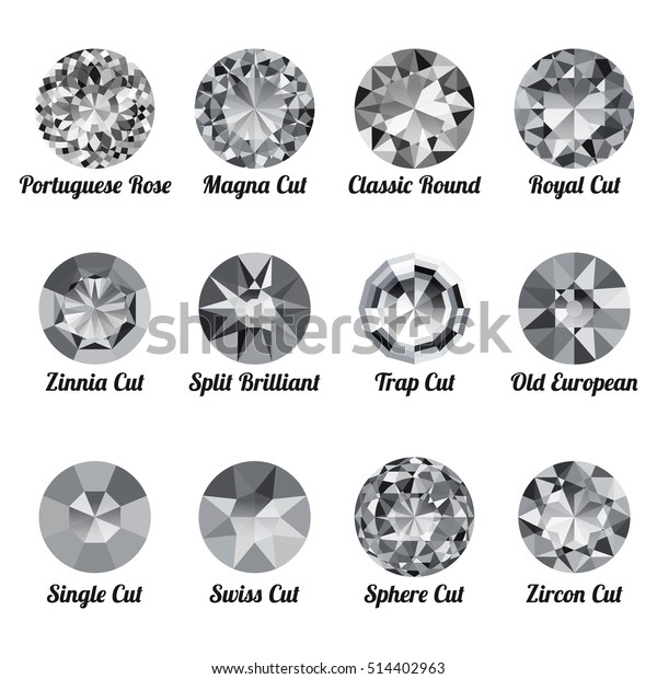 Set of realistic white diamonds with round cuts\
isolated on white background. Jewel and jewelry. Colorful gems and\
gemstones. Magna, classic round, royal, zinnia, trap, single,\
swiss, sphere, zircon