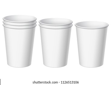 set of Realistic white disposable paper cups. For various drinks, lemonade, freshly squeezed juice, coffee, tea or ice cream. Layout for the brand template. vector illustration.