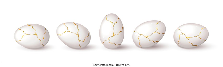 Set of realistic white eggs with gold liquid. Realistic white eggs in different positions. Vector illustration with 3d decorative objects for Easter design.