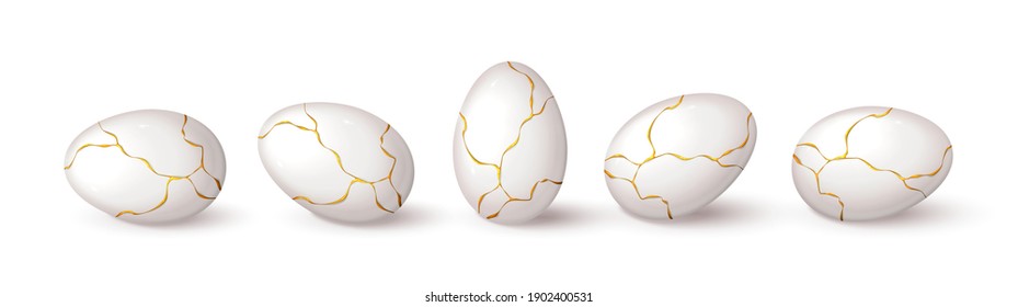 Set von realistischen weißen Eiern mit goldener Flüssigkeit. Realistische weiße Eier in verschiedenen Positionen. Vektorgrafik mit 3D-Zierobjekten für Osterdesign.
