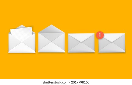 Set von realistischen weißen Umschlägen in verschiedenen Positionen. Klapper und ungefalteter Umschlag einzeln auf orangefarbenem Hintergrund. Vektorgrafik