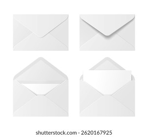 Set of realistic white envelopes. Folded and unfolded envelope mockups with blank letters. Design elements for projects and printing. 3D vector illustration collection isolated on background