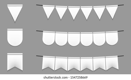 Set of realistic white flags with shadow. Hanging empty fabric flags isolated on grey background.