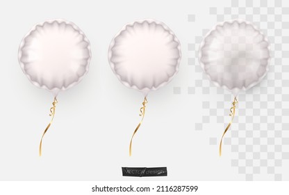 Set Of Realistic White Foil Circle Balloon, Matt, Glossy And Transparent With Gold Ribbons. Vector Illustration For Card, Party, Design, Flyer, Poster, Decor, Banner, Web, Advertising.	