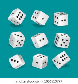 Set of realistic white game dice in different positions. Gambling game, casino. Hobbies, professional occupations. Collection different dice casino gambling, with random numbers. Vector illustration.