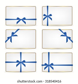 Set of realistic white gift cards with blue ribbons and gold frame. Vector EPS10 illustration. 