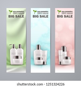 Set of realistic white glass bottles with silver cap for eco-cosmetic. Empty package for skincare cosmetic - face cream, emulsion, lotion. Blank template, vector mockup for site banners, ads, booklet