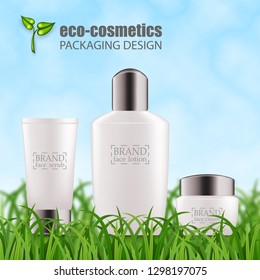 Set of realistic white glass bottles, silver cap for eco-cosmetic. Empty package for skincare cosmetic - face, eye cream jar, serum, gel. Blank template, vector mockup for ads, flyer, gift, promo card