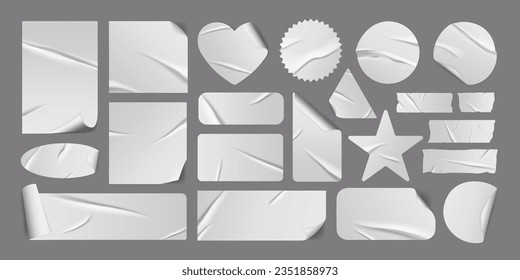 Set of realistic white glued adhesive paper or plastic sticker label with peeling corner and wrinkle effect. Torn paper, grunge tape or sticky note 3d pattern mockup. Social media business clip art.