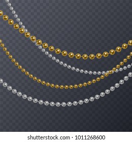 Set of realistic white and gold pearls on transparent background, colorful beads, vector illustration
