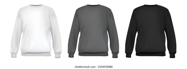 Set realistic white, gray, black sweatshirt base cloth isolated on clean background. Collection blank mockup for branding man or woman fashion. Design casual template. 3d vector illustration.