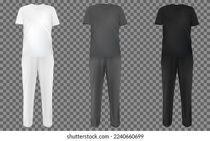 Set realistic white, gray, black suit. Base clothes isolated on transparent background. Collection blank mockup for branding man or woman fashion. Design casual template. Vector pants and t-shirt.