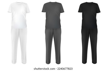 Set realistic white, gray, black suit. Base clothes isolated on clean background. Collection blank mockup for branding man or woman fashion. Design casual template. Vector pants and t-shirt.