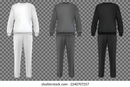 Set realistic white, gray, black suit. Base clothes isolated on transparent background. Collection blank mockup for branding man or woman fashion. Design casual template. Vector pants and sweatshirt.