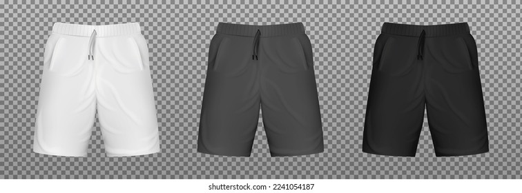 Set realistic white, gray, black shorts base cloth isolated on transparent background. Collection blank mockup for branding man or woman fashion. Design casual template. 3d vector illustration.