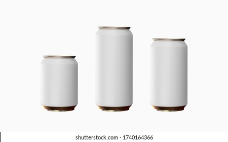 Set of realistic white iron cans. Mock up for your design. Big and small cans template. Vector illustration