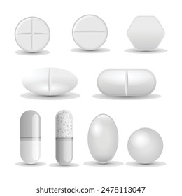 Set of realistic white medicine pills and tablets isolated on white background. Healthcare template, Medicine and drugs, aspirin, Capsules for graphics, Mockup, vector illustration.