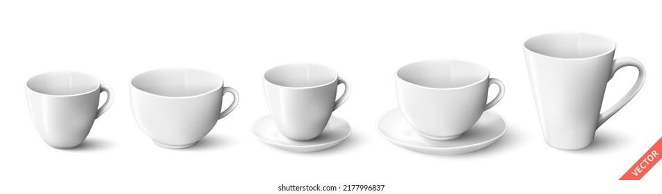 Set of realistic white mugs isolated on a white background. Vector illustration.