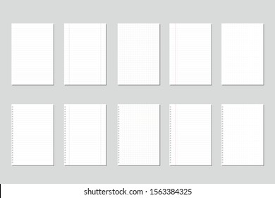 set of realistic white paper note, square, line, dot blank empty sheets and holes with shadow. flat vector illustration. 