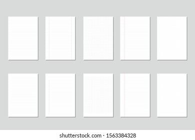 set of realistic white paper note, square, line, dot blank empty sheets with shadow. flat vector illustration. 