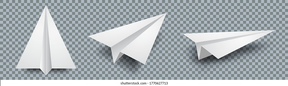 Set realistic white paper plane 3D model jet  Different view paper airplane isolated transparent background – stock vector